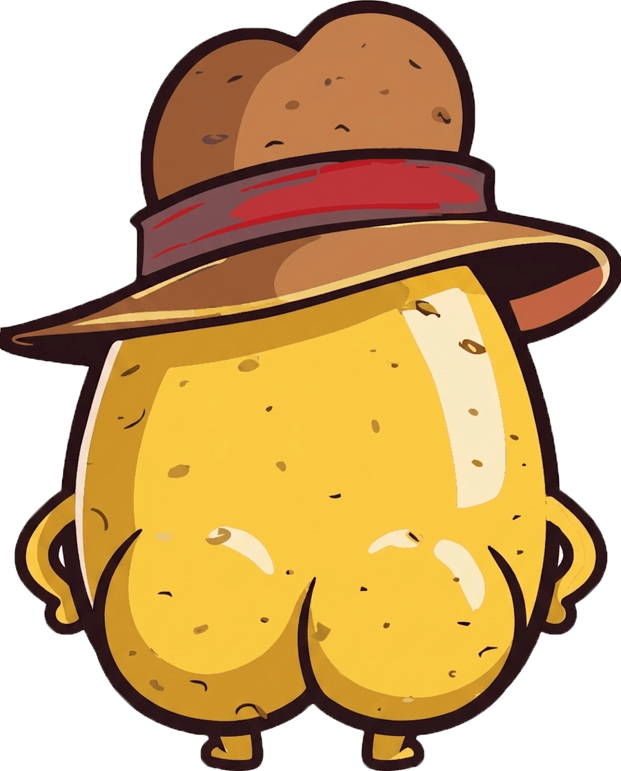 La mascota de Apa la Papa de espaldas, alejándose con el sombrero puesto