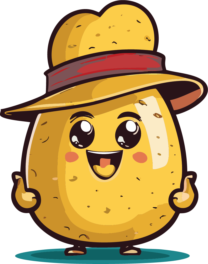 La mascota de Apa la Papa: una papa sonriente con sombrero de ala y cinta roja