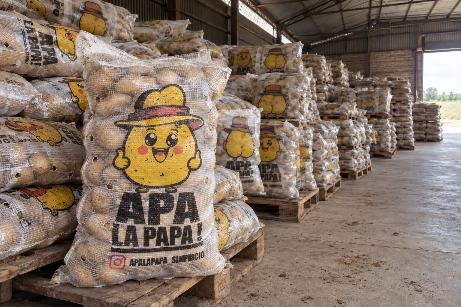 Bolsas de malla de papa Spunta con la mascota y el nombre Apa la Papa, apiladas en pallets dentro del galpón