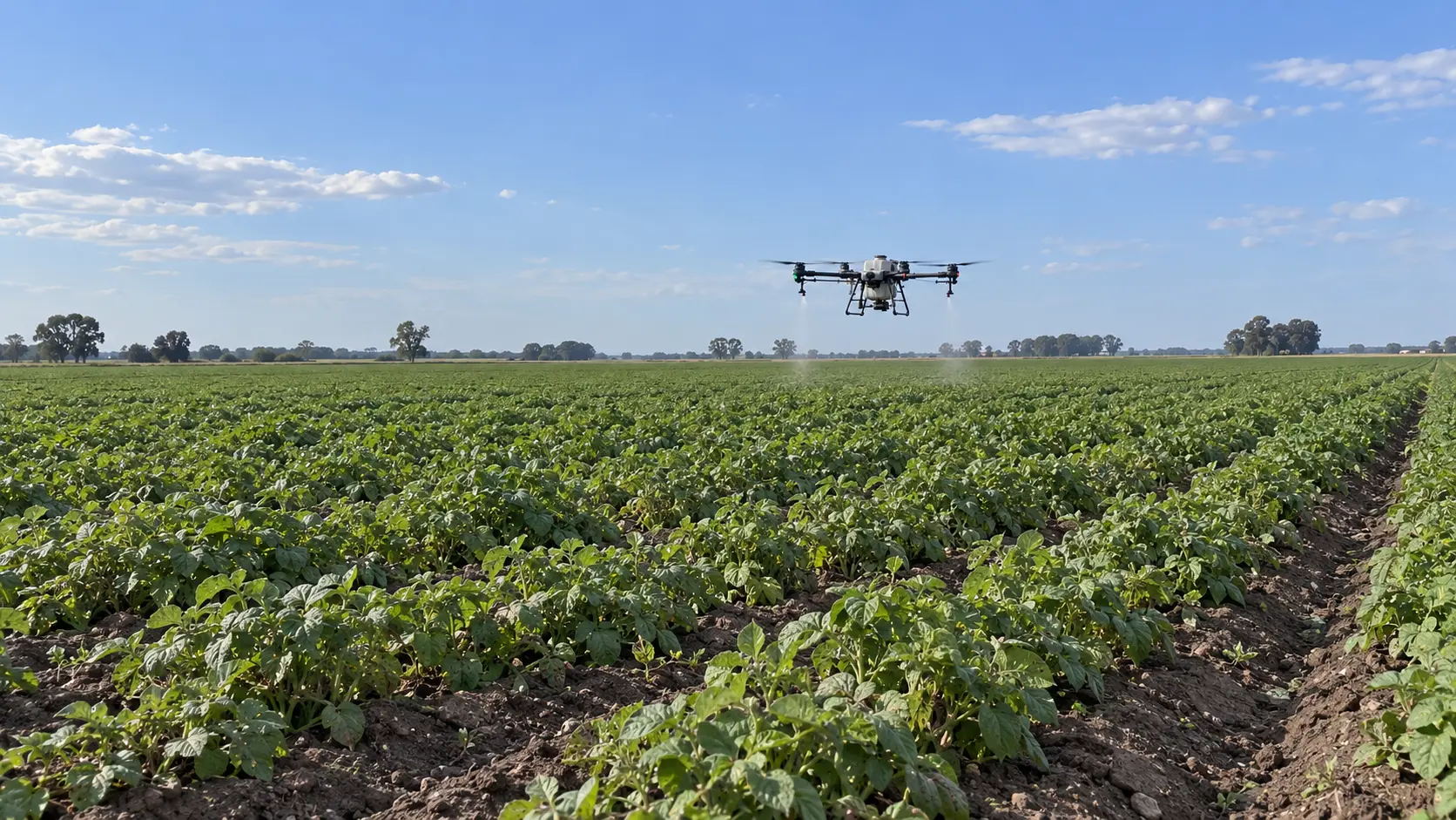 Drone agrícola aplicando sobre el cultivo de papa en flor