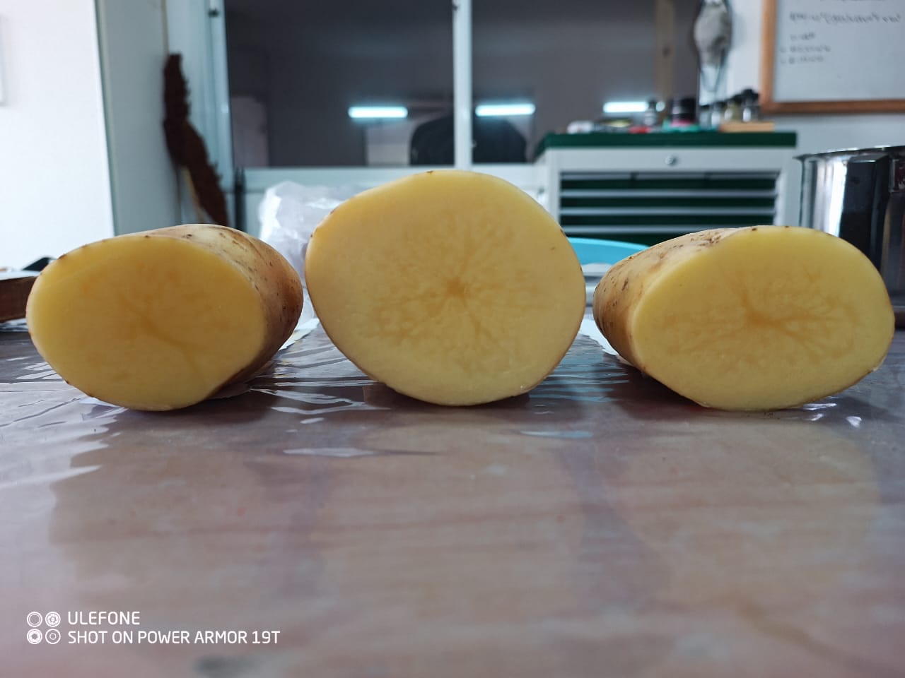 Papas Spunta cortadas al medio mostrando la pulpa amarillo manteca