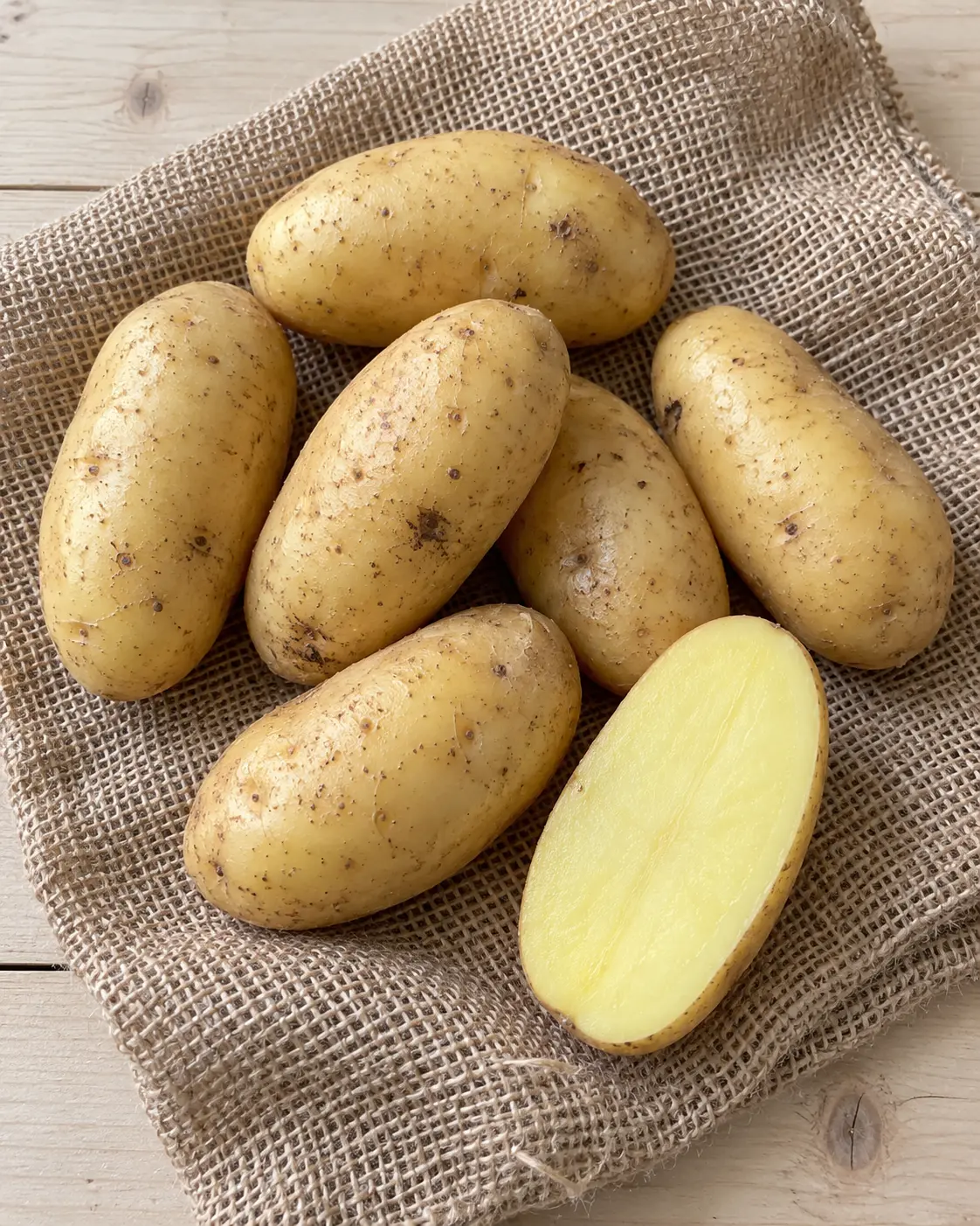 Papas Spunta recién lavadas sobre arpillera, una cortada mostrando la pulpa amarilla